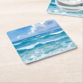 Ocean Waves Watercolor Beach Coastal Wedding スクエアペーパーコースター (アングル)
