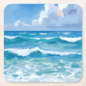 Ocean Waves Watercolor Beach Coastal Wedding スクエアペーパーコースター (正面)