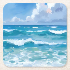 Ocean Waves Watercolor Beach Coastal Wedding スクエアペーパーコースター