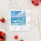 Ocean Waves Watercolor Beach Coastal Wedding 縁ありカクテルナプキン (インサイチュ)