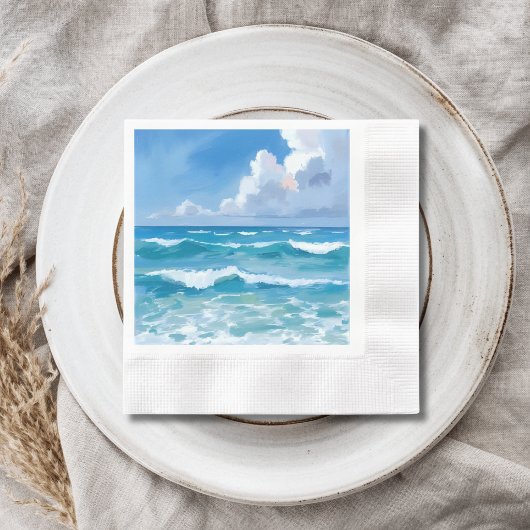 Ocean Waves Watercolor Beach Coastal Wedding 縁ありカクテルナプキン
