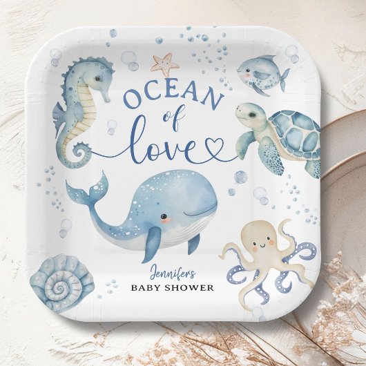 Ocean Whale Baby Shower Boy Blue  ペーパープレート