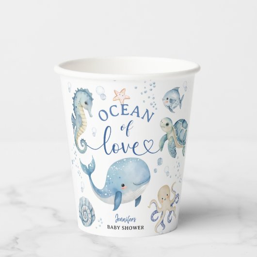 Ocean Whale Baby Shower Boy Blue 紙コップ (正面)