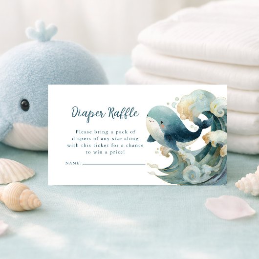Ocean Whale Waves Diaper Raffle White Baby Shower  エンクロージャーカード