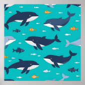 Ocean Whales Dolphins Pattern ポスター (正面)