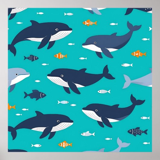 Ocean Whales Dolphins Pattern ポスター (正面)