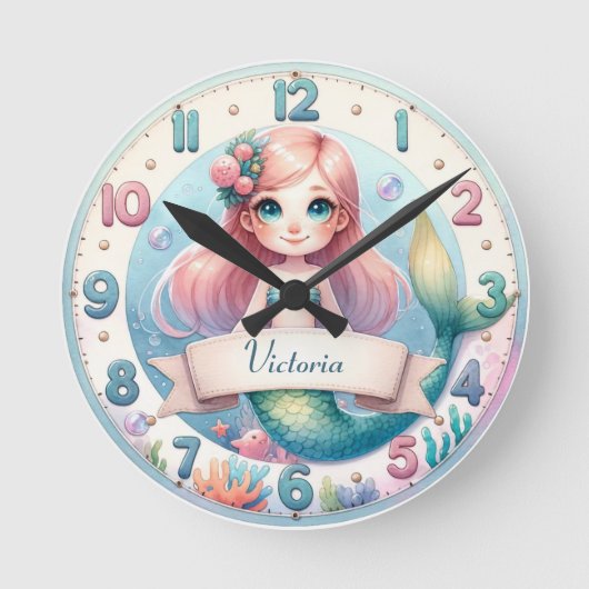 Ocean Whimsy Mermaid Clock ラウンド壁時計 (正面)