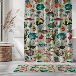 Oceania Colorful Fishes on Greige Background シャワーカーテン