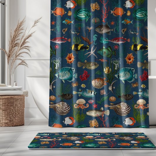 Oceania Colorful Fishes on Marine Blue Background シャワーカーテン