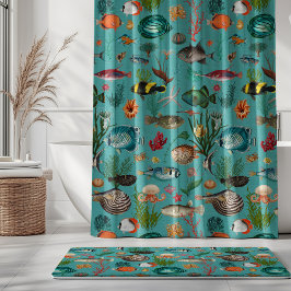 Oceania Colorful Fishes on Turquoise Background シャワーカーテン