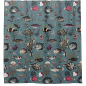 Oceania Fuchsia Grey Fishes on Blue Background シャワーカーテン (正面)