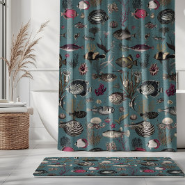 Oceania Fuchsia Grey Fishes on Blue Background シャワーカーテン