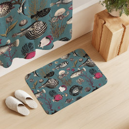 Oceania Fuchsia Grey Fishes on Blue Background バスマット