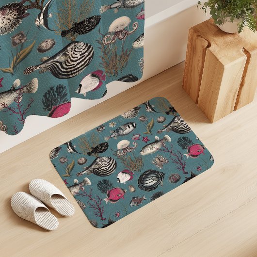 Oceania Fuchsia Grey Fishes on Blue Background バスマット