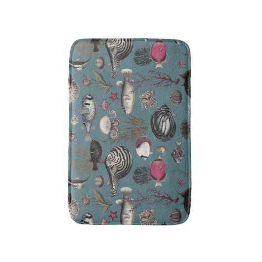 Oceania Fuchsia Grey Fishes on Blue Background バスマット (正面縦)