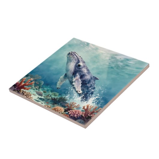 Oceanic Blue Whale Watercolor Coastal Art タイル (側面)