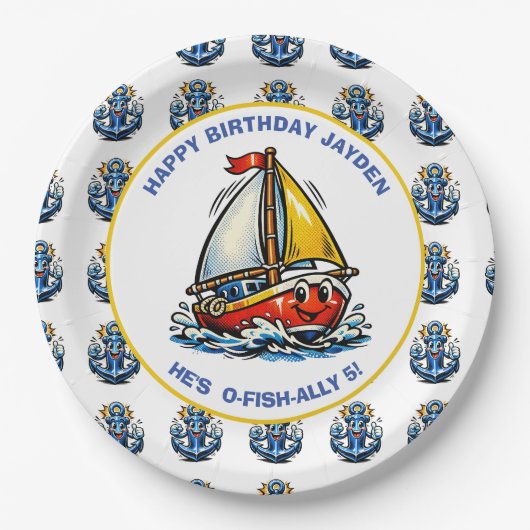 Oceanic Maritime Sailboat Boy's Birthday Party ペーパープレート (正面)