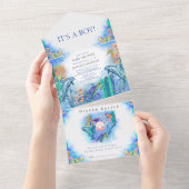 OceanSea動物の少年の赤ちゃんシャワーすべて1回で オールインワン招待状 (貼ってはがせる)