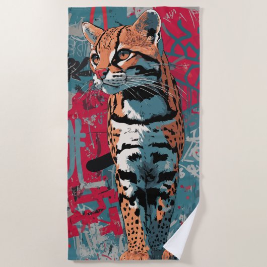 Ocelot Street Art Graffiti Animal Illustration ビーチタオル (正面)