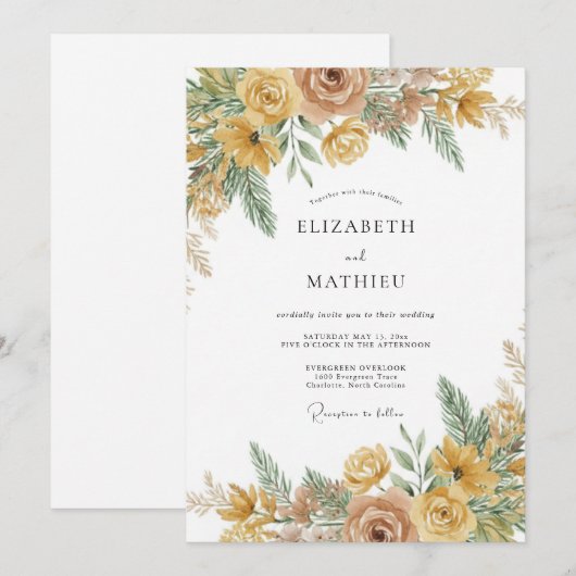 Ochre Rose Botanical Rustic Wedding 招待状 (正面/裏面)