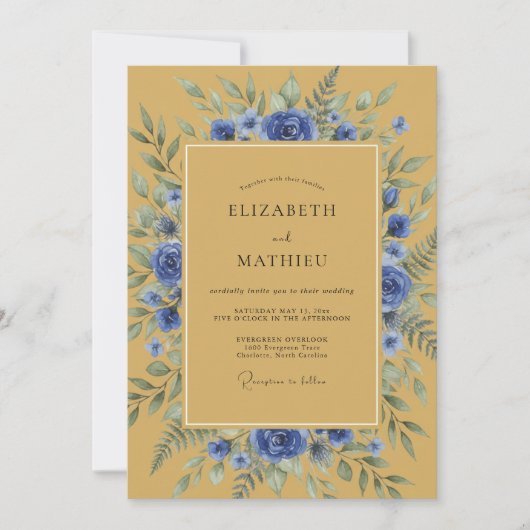 Ochre Sophisticated Blue Botanical Wedding 招待状 (正面)