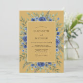 Ochre Sophisticated Blue Botanical Wedding 招待状 (スタンド正面)