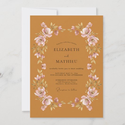 Ochre Warm Autumnal Floral Wedding 招待状 (正面)