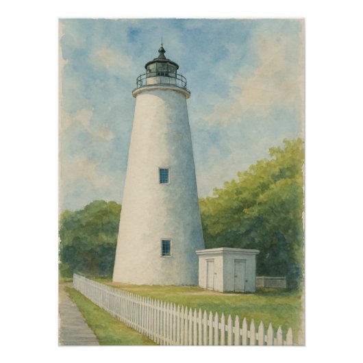 Ocracoke Lighthouse Watercolor ポスター (正面)