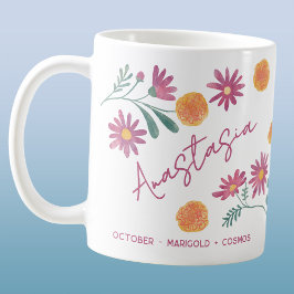 October Birth Flower Custom Name Marigold Cosmos コーヒーマグカップ