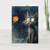 October Birthday Cat With Autumn Leaf カード (正面)