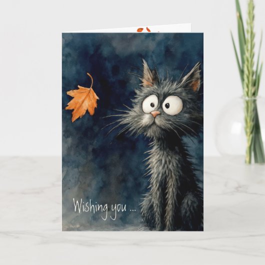 October Birthday Cat With Autumn Leaf カード (正面)