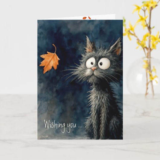 October Birthday Cat With Autumn Leaf カード (黄色い花)