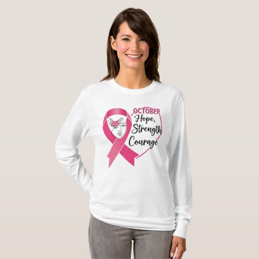 October Hope Strength Courage – Pink Ribbon Awaren Tシャツ (正面フル)