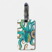 Octopisのティール（緑がかった色）の触手の水彩画 ラゲッジタグ (裏面縦)