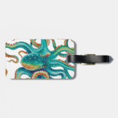 Octopisのティール（緑がかった色）の触手の水彩画 ラゲッジタグ (裏面横)