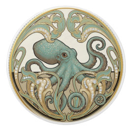 Octopus Aqua Green Cream & Gold Art Deco Nouveau セラミックノブ