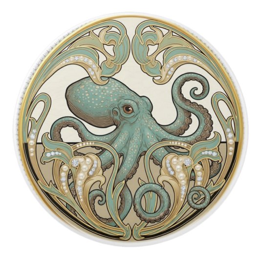 Octopus Aqua Green Cream & Gold Art Deco Nouveau セラミックノブ (正面)