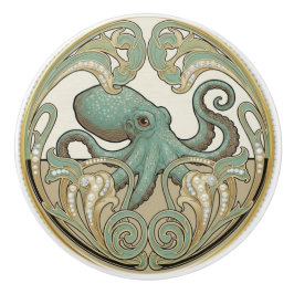 Octopus Aqua Green Cream & Gold Art Deco Nouveau セラミックノブ