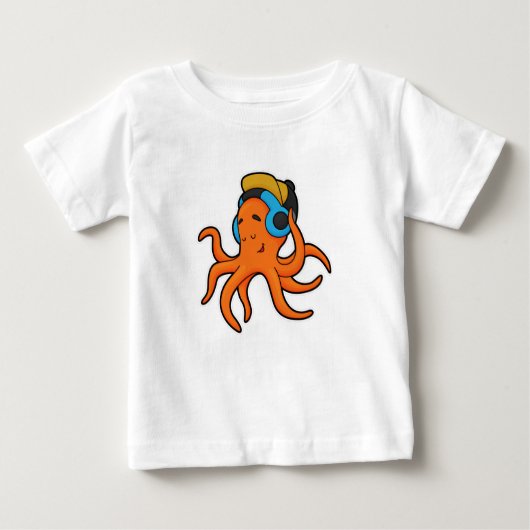 Octopus at Music with Headphone ベビーTシャツ (正面)