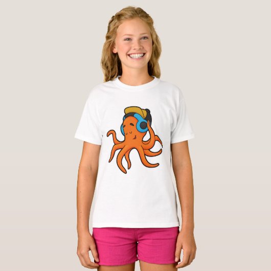 Octopus at Music with Headphone Tシャツ (正面フル)