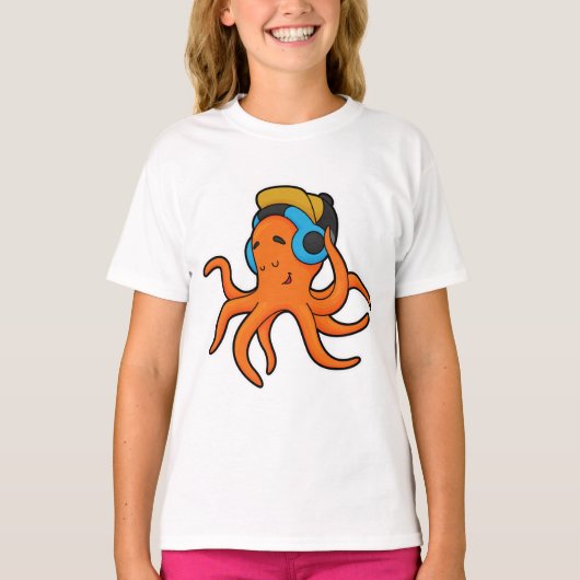 Octopus at Music with Headphone Tシャツ (正面)