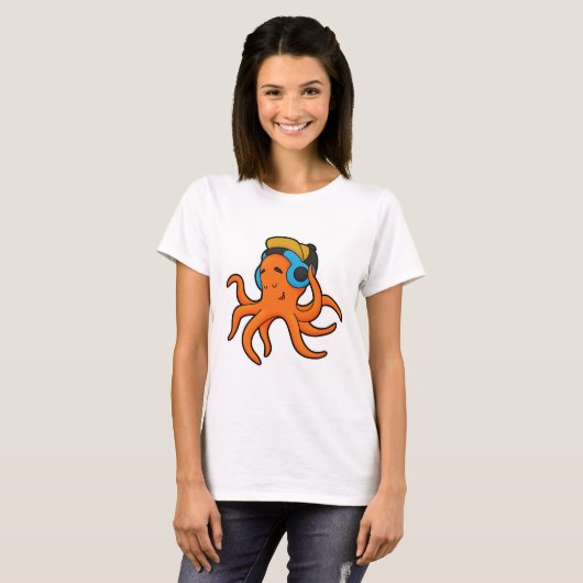 Octopus at Music with Headphone Tシャツ (正面フル)