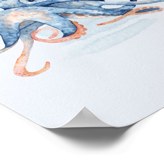 Octopus Blue Watercolor Ocean Themed Sea ポスター (角)