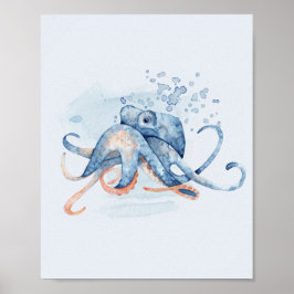 Octopus Blue Watercolor Ocean Themed Sea ポスター