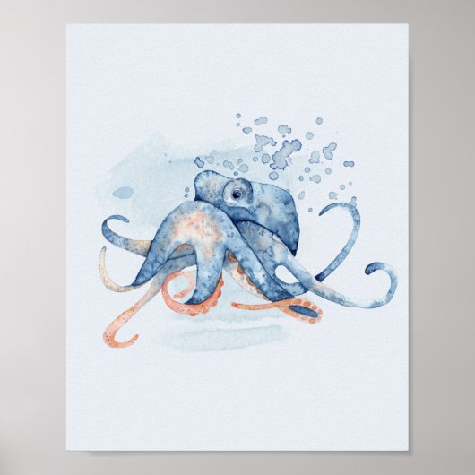 Octopus Blue Watercolor Ocean Themed Sea ポスター (正面)