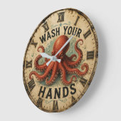 Octopus Funny Coastal Nautical Beach House ラージ壁時計 (傾斜)