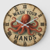 Octopus Funny Coastal Nautical Beach House ラージ壁時計 (正面)