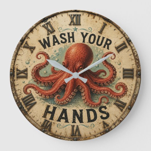 Octopus Funny Coastal Nautical Beach House ラージ壁時計 (正面)