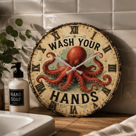 Octopus Funny Coastal Nautical Beach House ラージ壁時計