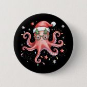 Octopus Glasses Santa Hat Christmas Light Ocean  缶バッジ (正面)